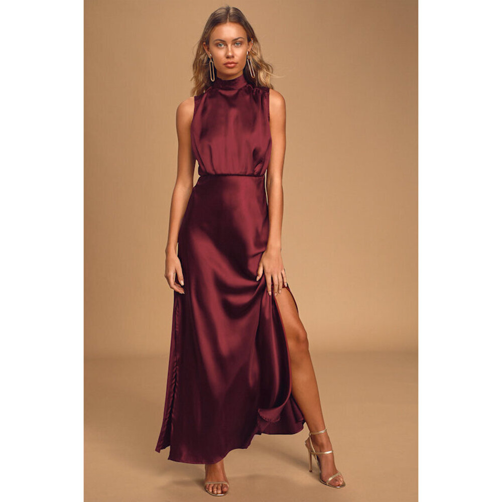 Lulus Classic Elegance Wine Satin Sleeveless Mock Neck Maxi Dress Red - Size XL